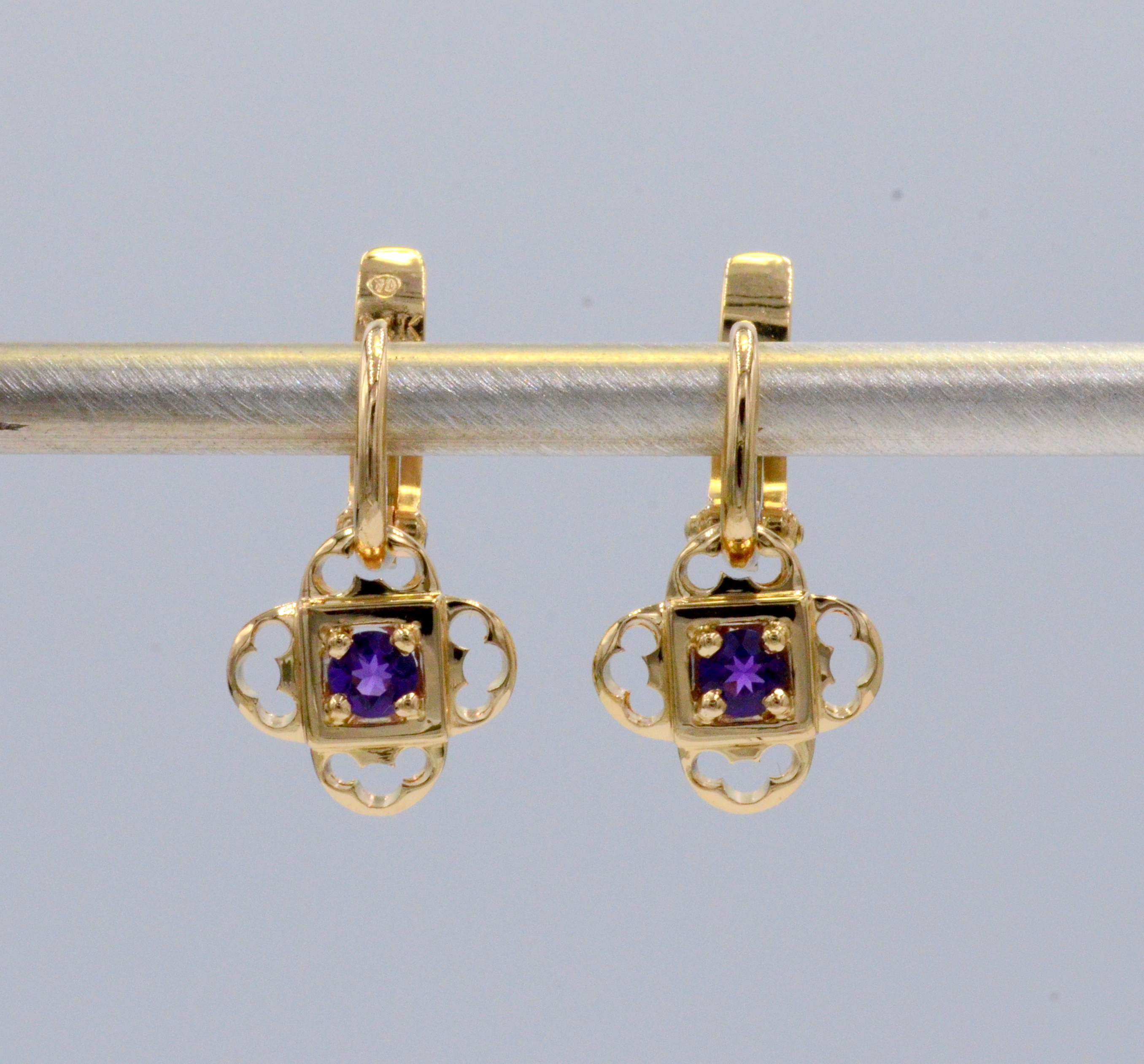 Contemporary Clover Leaf design, Amethyst gemstone Euro Charm. Euro Charm Earrings to be worn with our signature Euro Wires. Go to "About Store" for more information in regard to our Euro Wires.